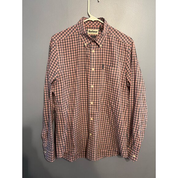 Men’s Barbour Salmon Pink & Blue Gingham Tailored Fit Button Long‎ Sleeve SZ MED - Picture 1 of 7